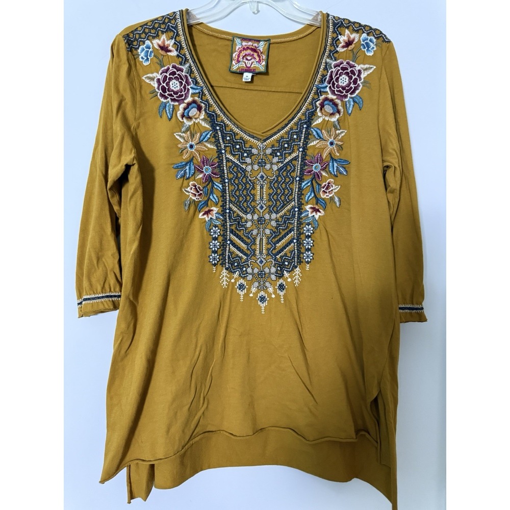 Johnny Was Embroidered Floral Peasant Blouse Medium Gillian Spicy Mustard Flaw